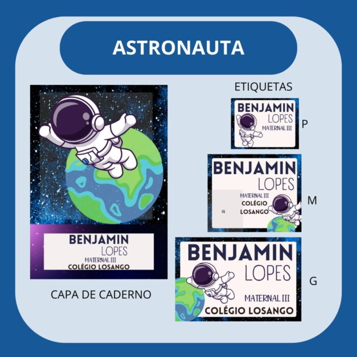 Etiqueta Escolar Astronauta Arquivo de Corte Personalizável 47 Arte digital de capa de caderno e etiquetas escolares com tema astronauta.