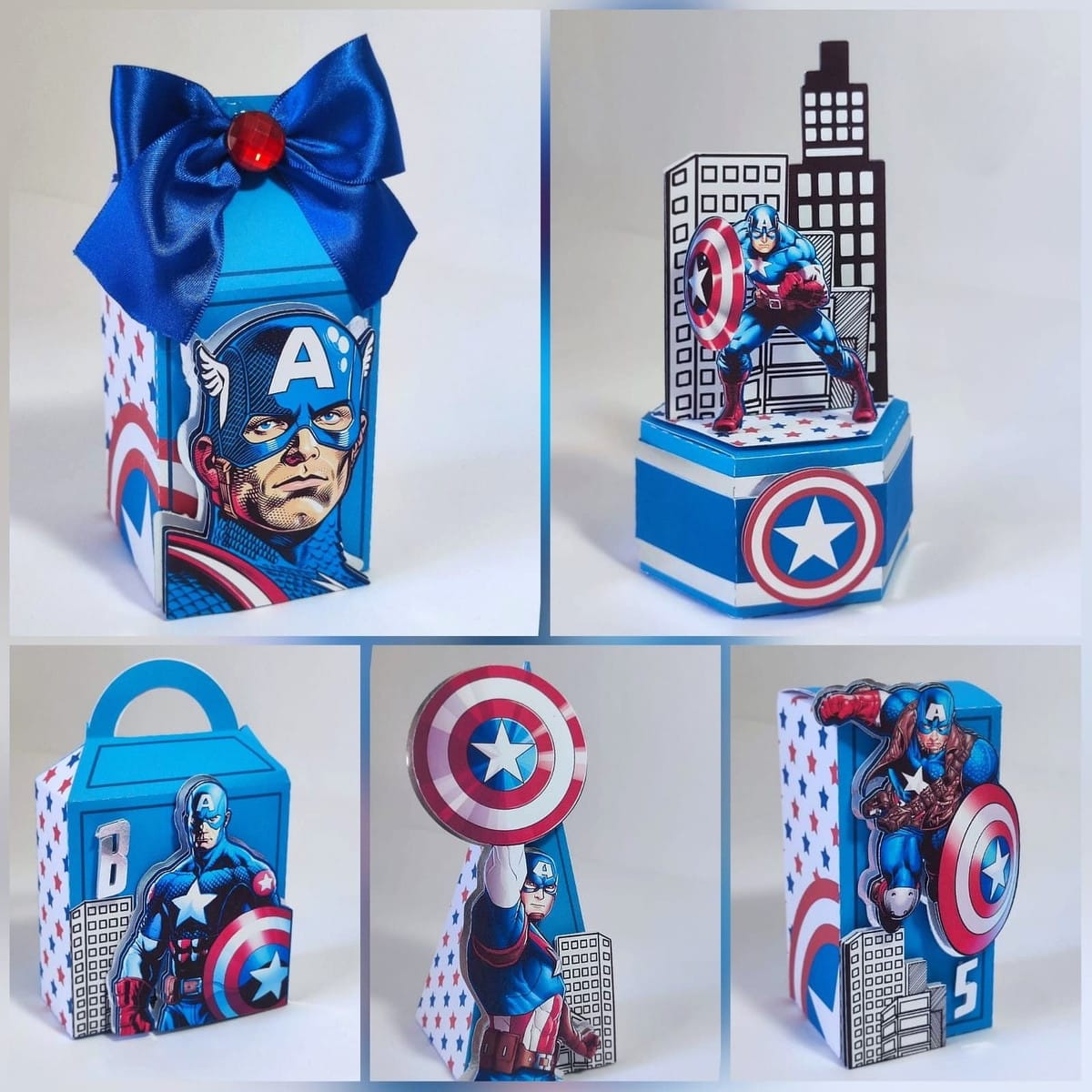 Arquivo de Corte Festa Capitão América Luxo em Studio e PDF 1 Arte digital de caixas e decorações temáticas de super-herói azul e vermelho.