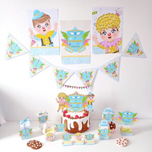 Decoração de festa infantil com tema de circo em tons pastéis.