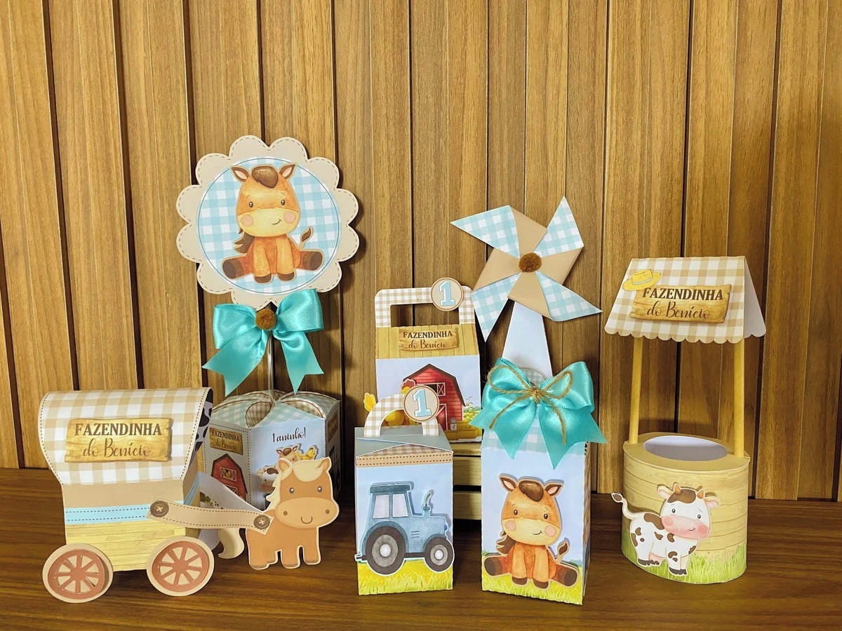 Arquivo de Corte Fazendinha Studio para Lembrancinhas 1 Arte digital de caixas e decorações temáticas de fazendinha com animais fofos.