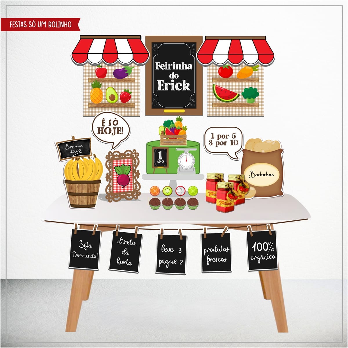 Arquivo de Corte Festa Quitandinha para Primeiro Aniversário 1 Decoração de mesa com tema de feirinha infantil colorida e lúdica.