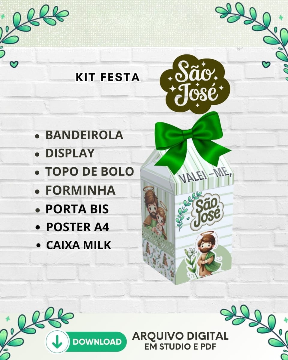 Arquivo de Corte Festa São José em Studio e PDF 2 Arquivo digital de kit festa com caixa decorada e lista de itens inclusos.
