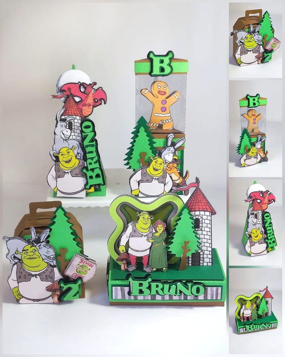Arquivo de Corte Festa Shrek em Studio e PDF 1 Conjunto de caixas de papel decoradas com personagens e elementos verdes