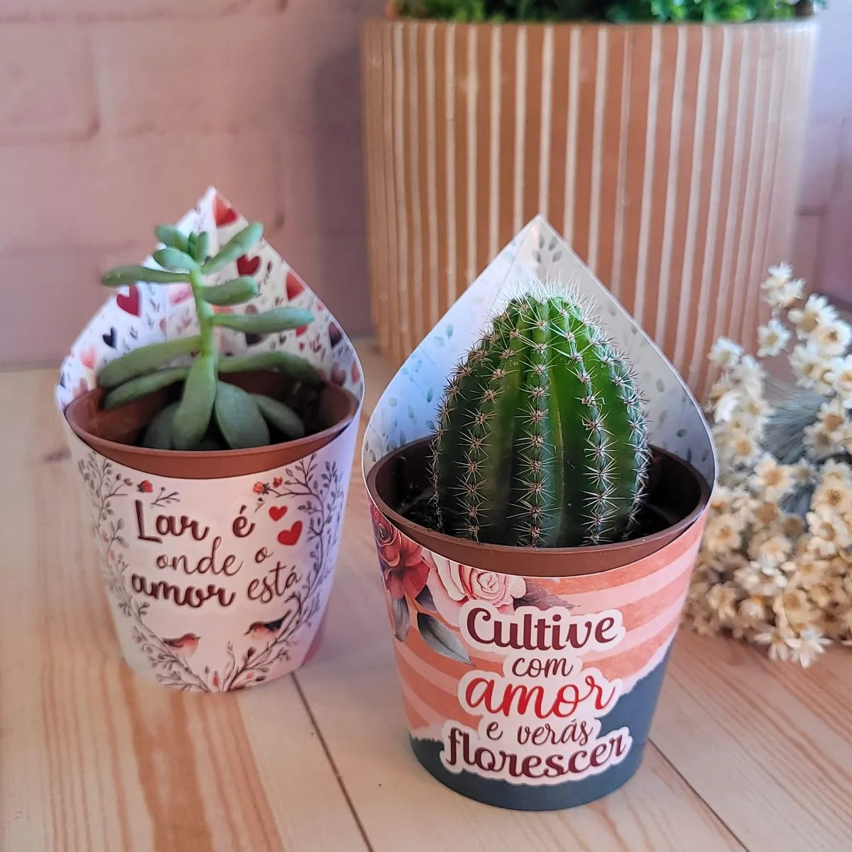 Arquivo de Corte Namorados Cristãos Embalagens e Ilustrações 10 Dois pequenos vasos de plantas com mensagens impressas colocados lado a lado.
