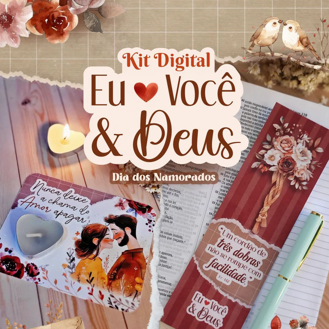 Arquivo de Corte Namorados Cristãos Embalagens e Ilustrações 1 Kit digital com texto romântico e religioso, flores e ilustrações em tons pastéis.