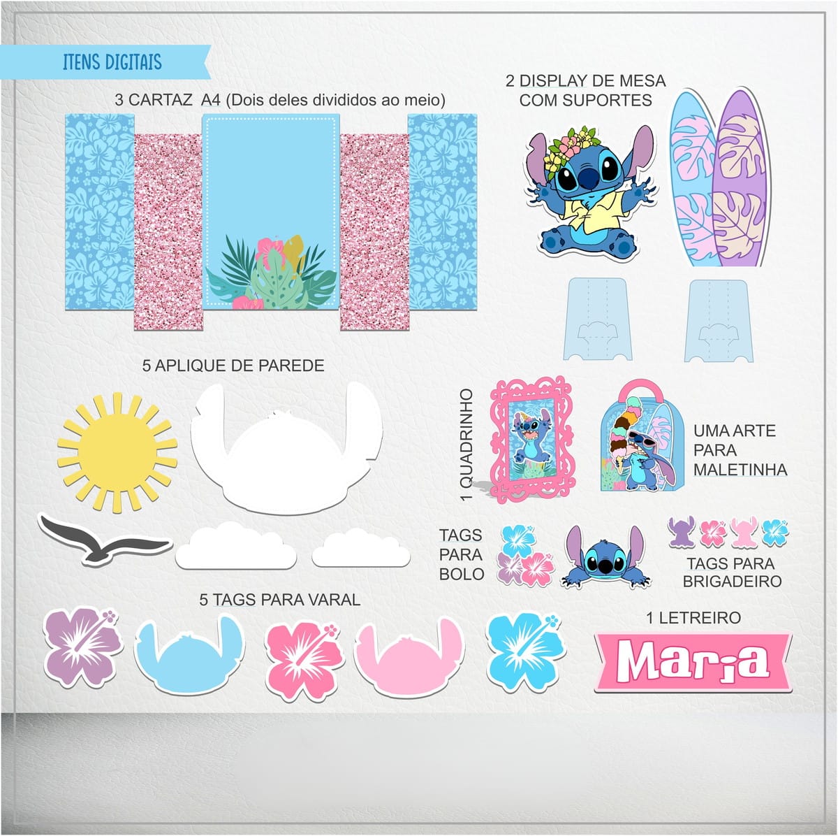 Arquivo de Corte Stitch Menina Festa Havaiana Studio e PDF 2 Conjunto de artes digitais com tema tropical azul e rosa contendo personagens e elementos.