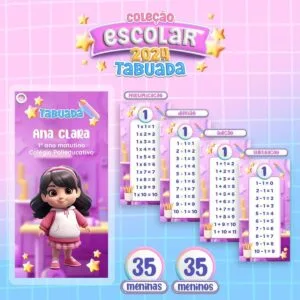 Arte digital com tabuadas e ilustrações infantis em fundo roxo e quadriculado.