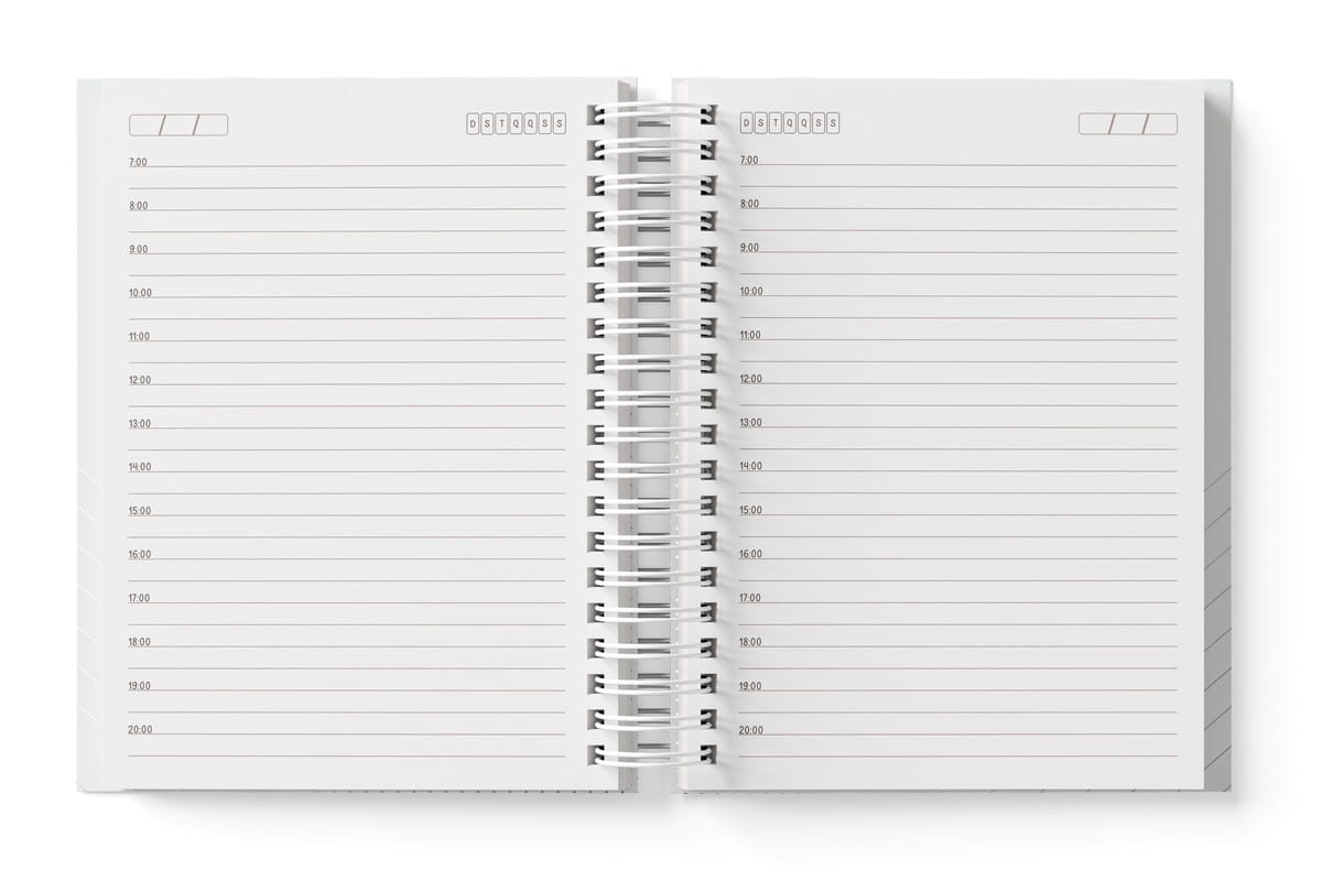 Agenda Não Datada Minimalista em PDF para Imprimir A5 A6 2 Planner aberto com espiral branca, mostrando horários diários e campos para data.