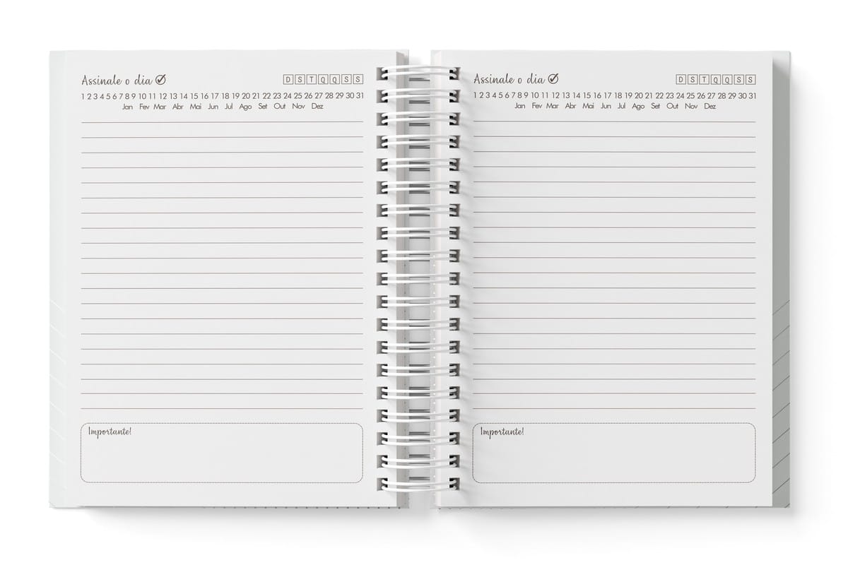 Agenda Não Datada Minimalista em PDF para Imprimir A5 A6 4 Design de planner aberto com páginas pautadas, datas e área para notas.