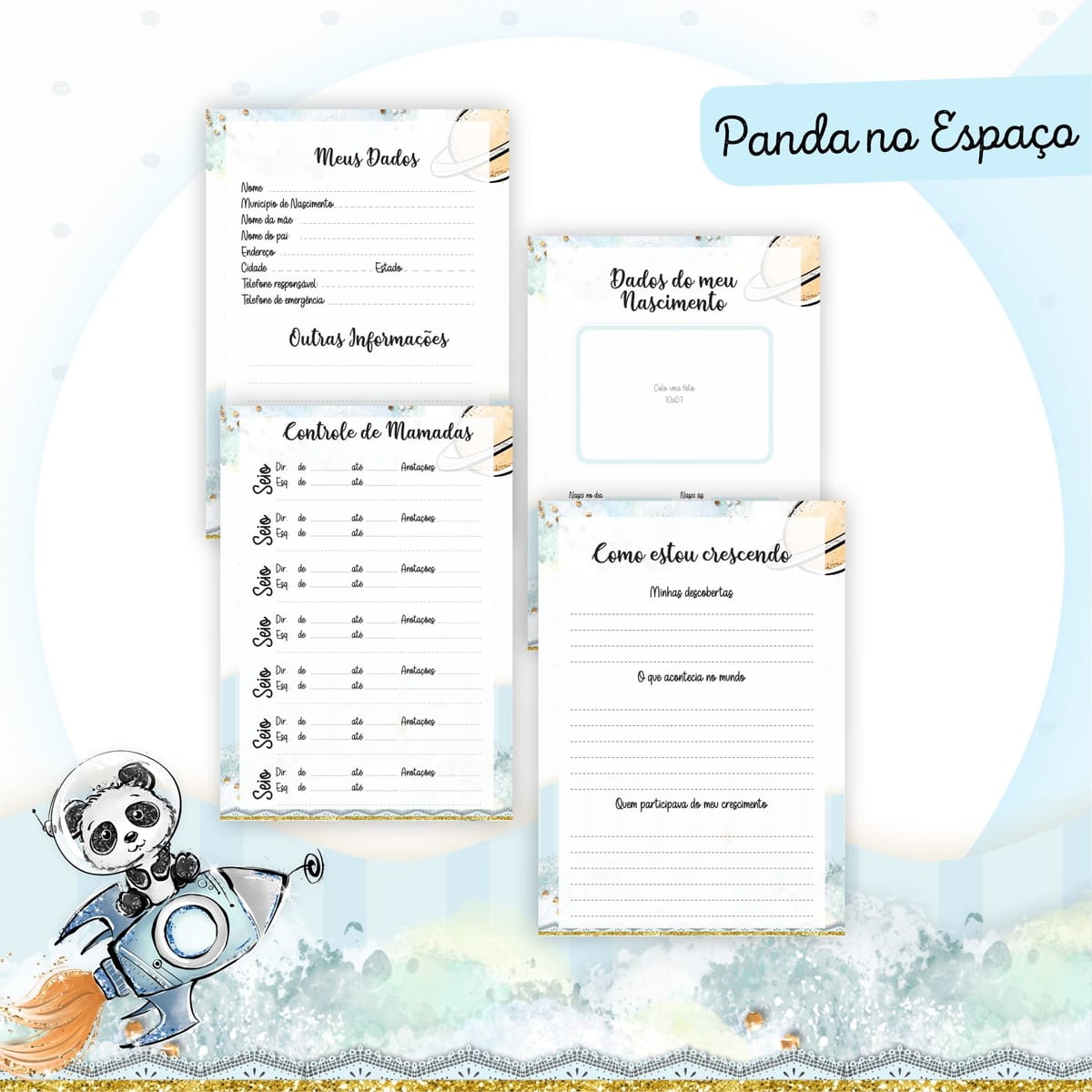 Arquivo Digital Baby Panda no Espaço para Encadernação 2 Folhas decoradas com tema espacial e desenho de panda em um foguete.