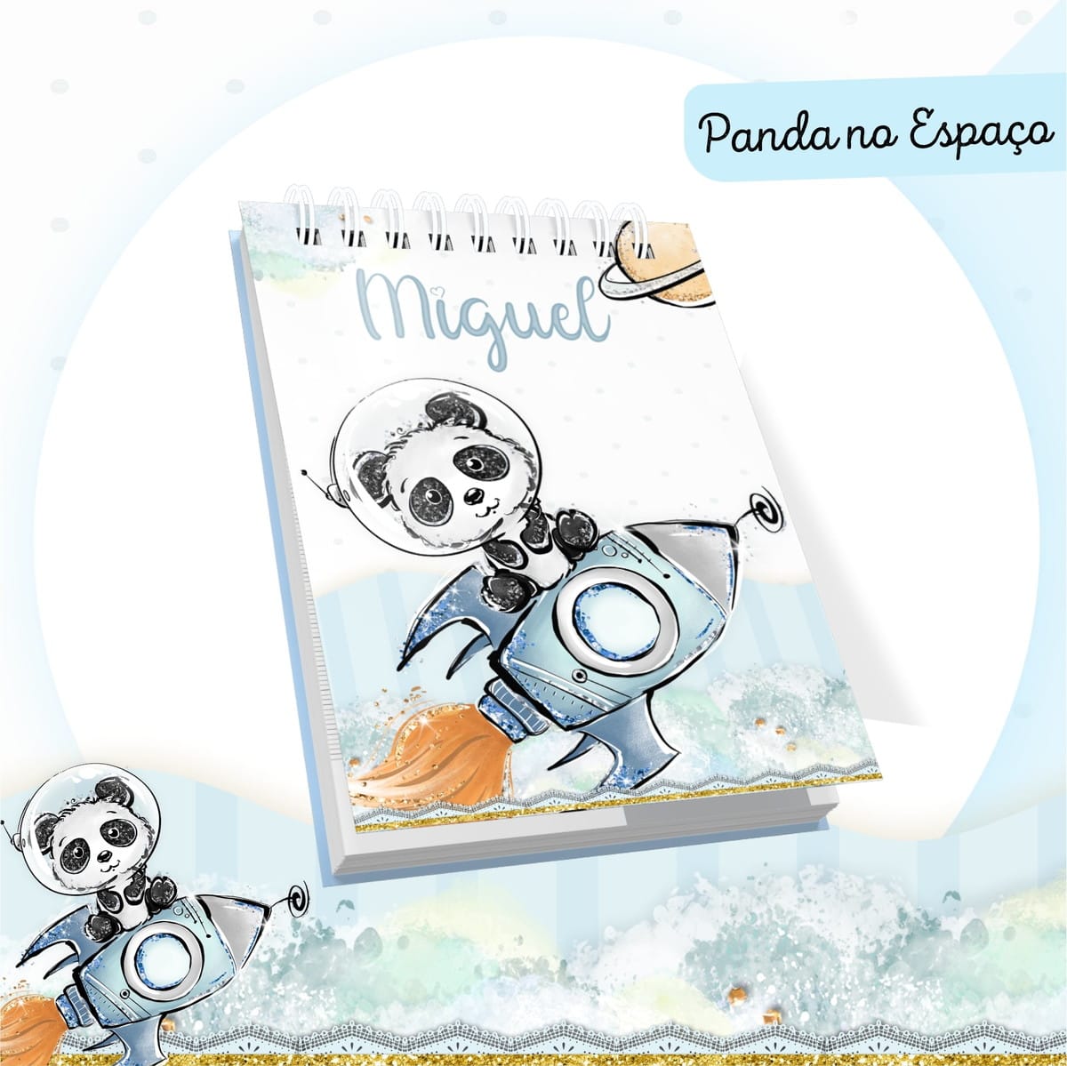 Arquivo Digital Baby Panda no Espaço para Encadernação 3 Caderno personalizado com ilustração infantil de panda astronauta em um foguete espacial