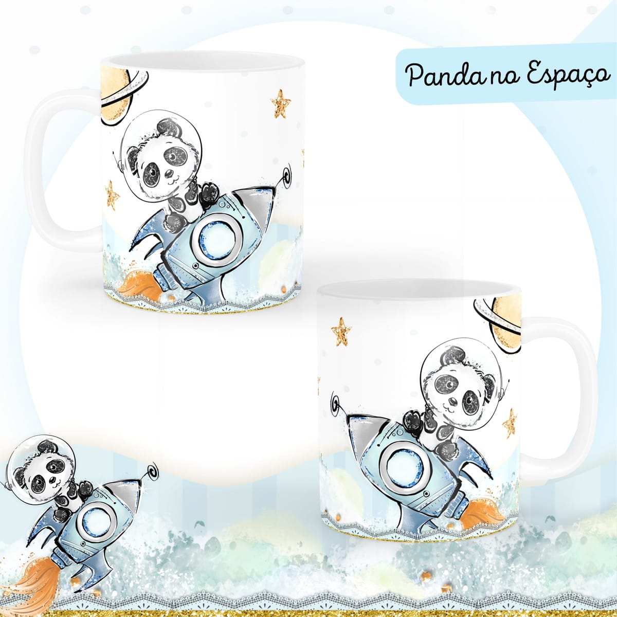 Arquivo Digital Baby Panda no Espaço para Encadernação 4 Duas canecas brancas com estampa de panda astronauta em um foguete espacial