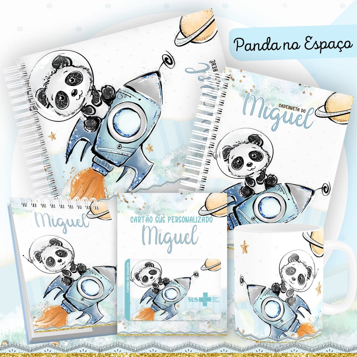 Arquivo Digital Baby Panda no Espaço para Encadernação 1 Ilustração de panda astronauta em foguete com itens personalizados infantis em fundo claro.