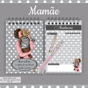 Caderno espiralado com estampa de poás cinza e ilustração de mãe e filho