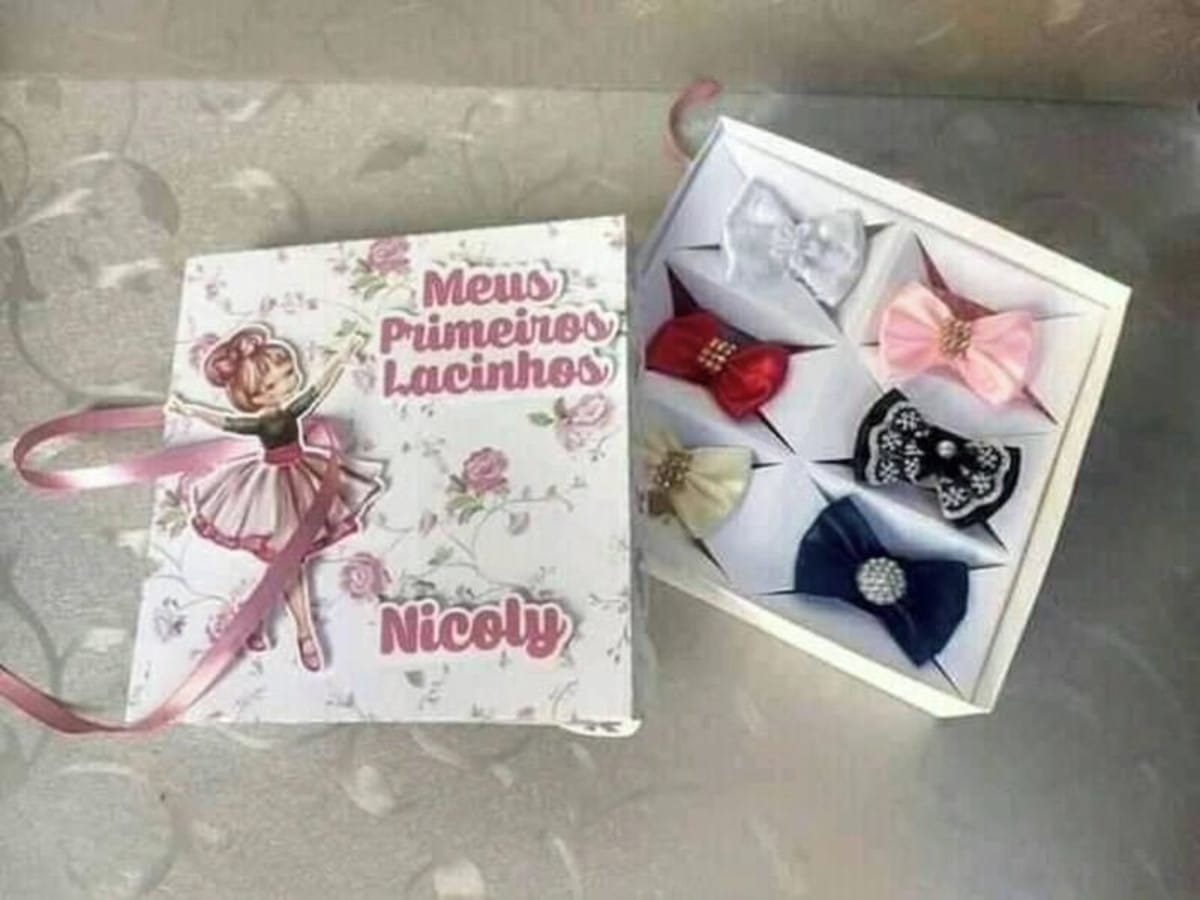 Arquivo Digital Caixa Lacinhos para Festa Bailarina 1 Caixa aberta com laços coloridos e tampa decorada com bailarina