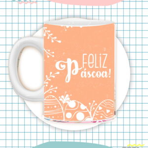 Caneca branca com estampa laranja de Páscoa e desenhos de ovos decorados.
