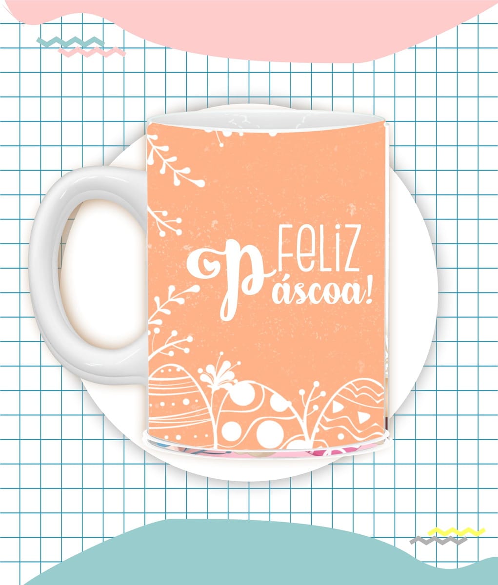 Arquivo Digital Caneca Páscoa PNG para Sublimação 1 Caneca branca com estampa laranja de Páscoa e desenhos de ovos decorados.