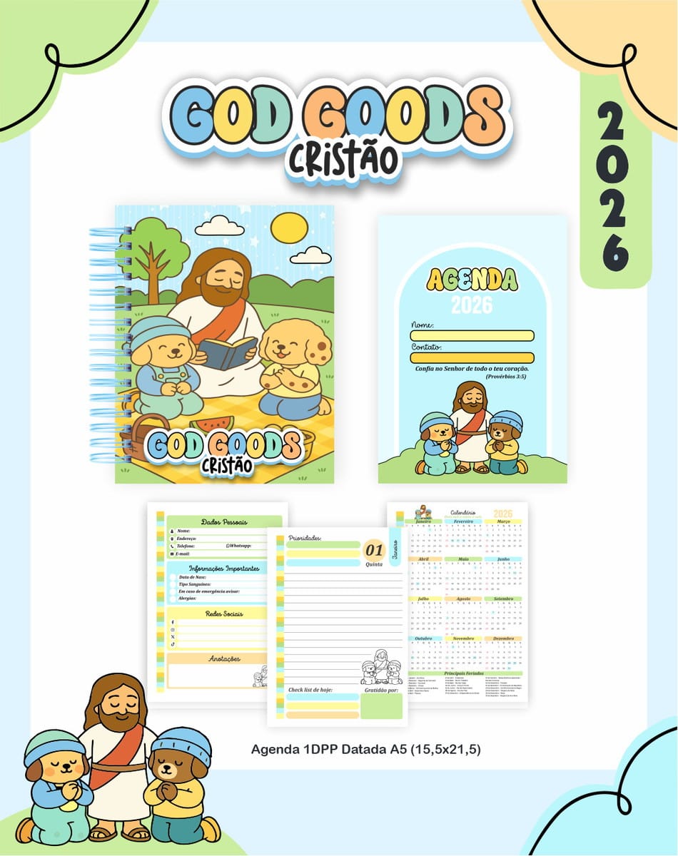 Arquivo Digital Encadernação Cristã Menino Bobbie Goods 1 Apresentação de arte digital para agenda com tema religioso infantil.