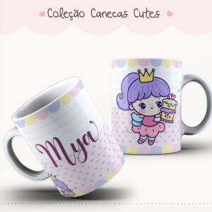Duas canecas estampadas com desenho fofo de menina com coroa e bolo colorido