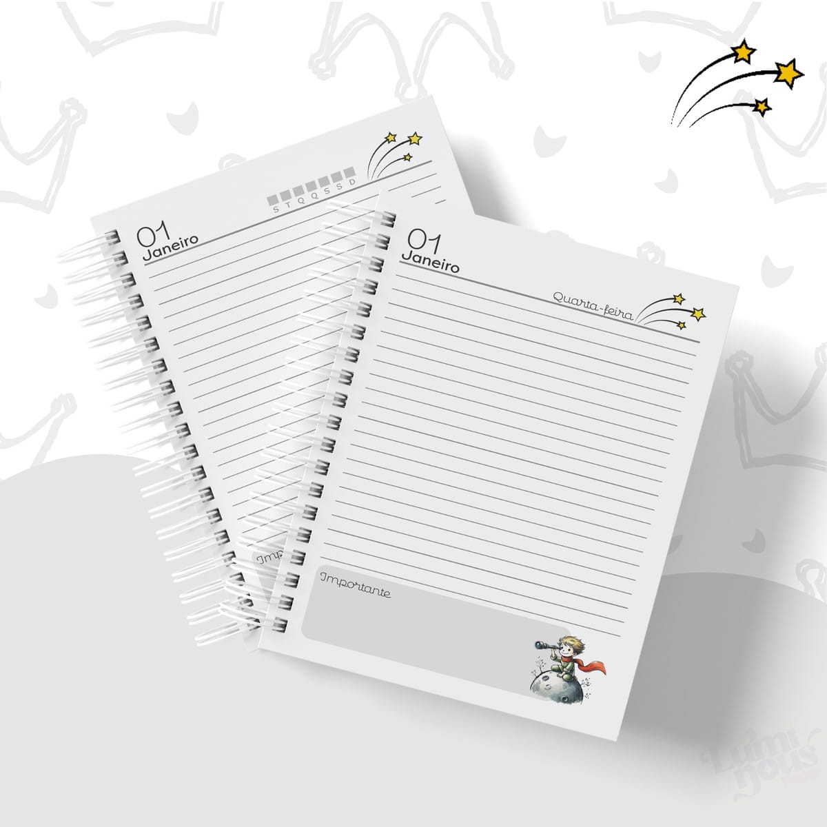 Arquivo Digital Pequeno Príncipe para Encadernação A5 e A6 2 Dois blocos de notas espiralados com páginas pautadas e ilustrações temáticas de estrelas