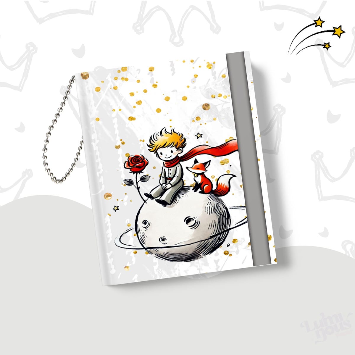 Arquivo Digital Pequeno Príncipe para Encadernação A5 e A6 3 Capa de caderno com ilustração de personagem infantil, raposa e rosa sobre um planeta