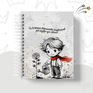 Caderno espiral ilustrado com personagem infantil regando uma rosa