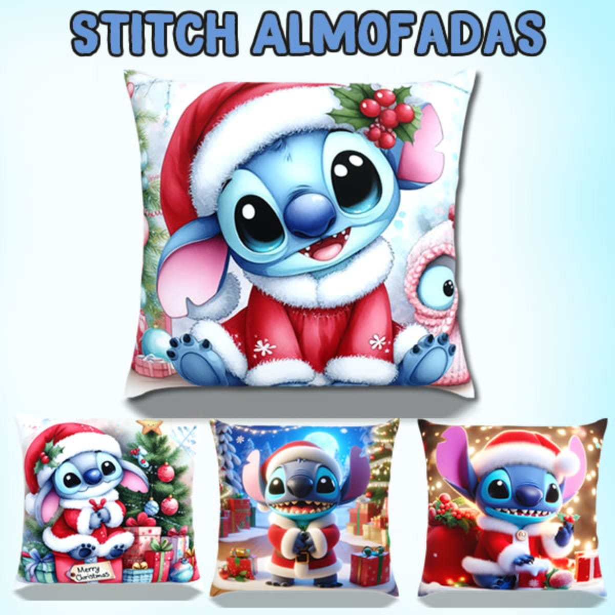 Arquivo Digital Stitch Natal para Sublimação de Almofada 1 Almofadas decorativas com estampas natalinas de personagem azul usando gorro de Papai Noel.
