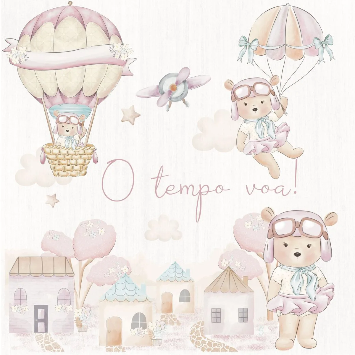 Arquivo Digital Ursa Aviadora Menina Em Aquarela Png Avião 1 Ursinhos com roupas de aviador, balões, nuvens e casinhas em estilo aquarela infantil.