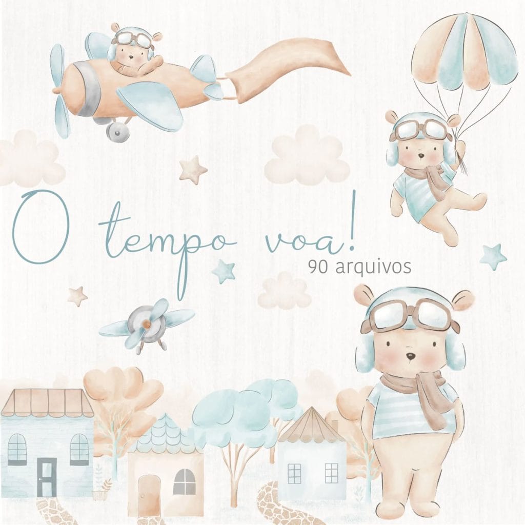 Kit Digital Ursinho Aviador Baloeiro Marrom Fofo Em Aquarela | Studios Cat