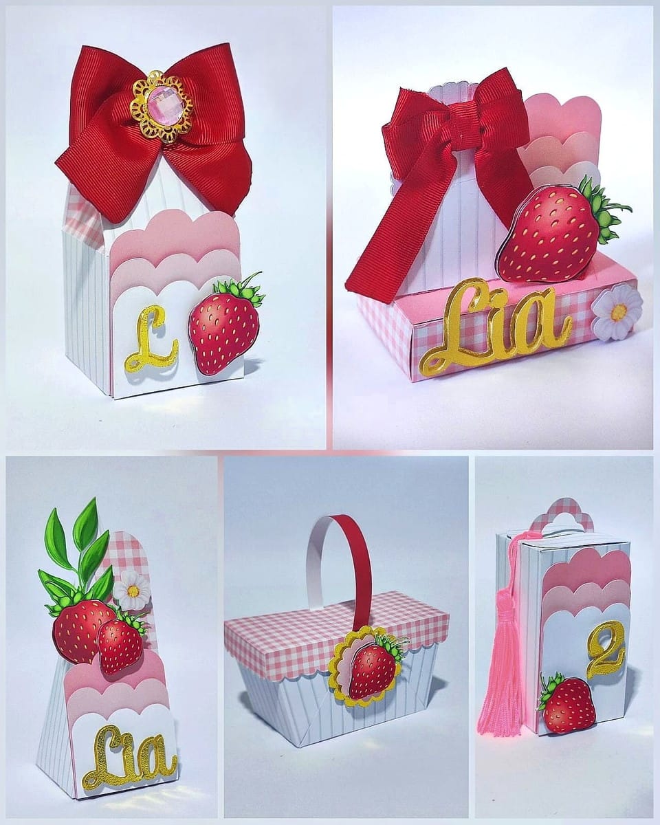 Arquivo Festa Morango em Studio e PDF para Festa Infantil 1 Coleção de embalagens de papel personalizadas com decoração temática de morangos e laços vermelhos.