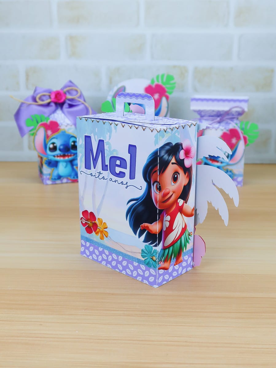 Arquivo Festa Stitch Lilás para Silhouette Studio 4 Caixa de papel personalizada com estampa de personagem infantil e flores coloridas.