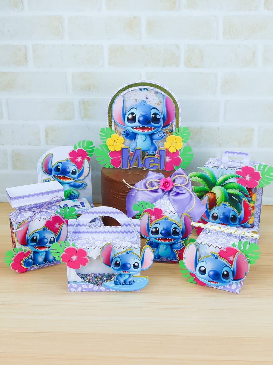 Arquivo Festa Stitch Lilás para Silhouette Studio 1 Kit de papelaria personalizada com tema de criatura azul em volta de um bolo