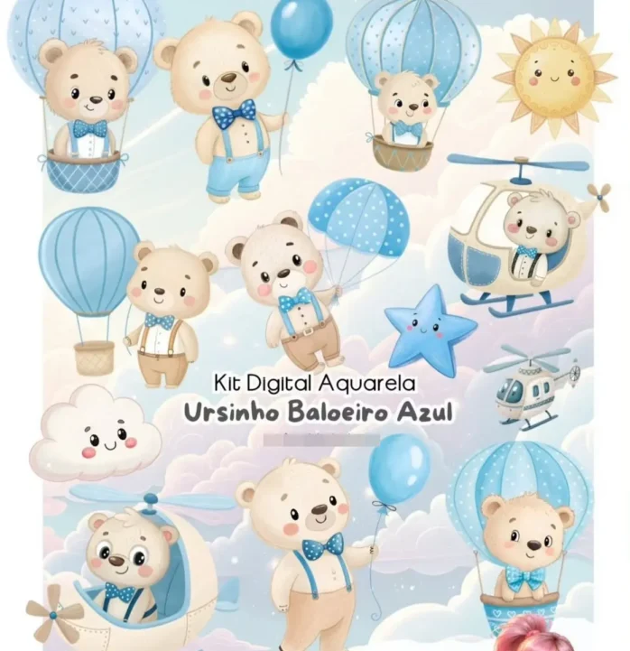 Arquivo PNG Ursinho Baloeiro Aquarela para Personalizar