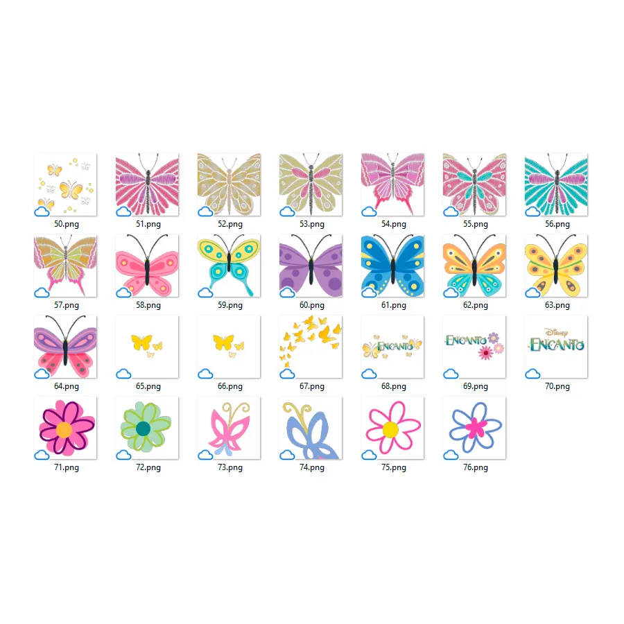 Coleção de arquivos digitais com desenhos de borboletas, flores e textos coloridos.