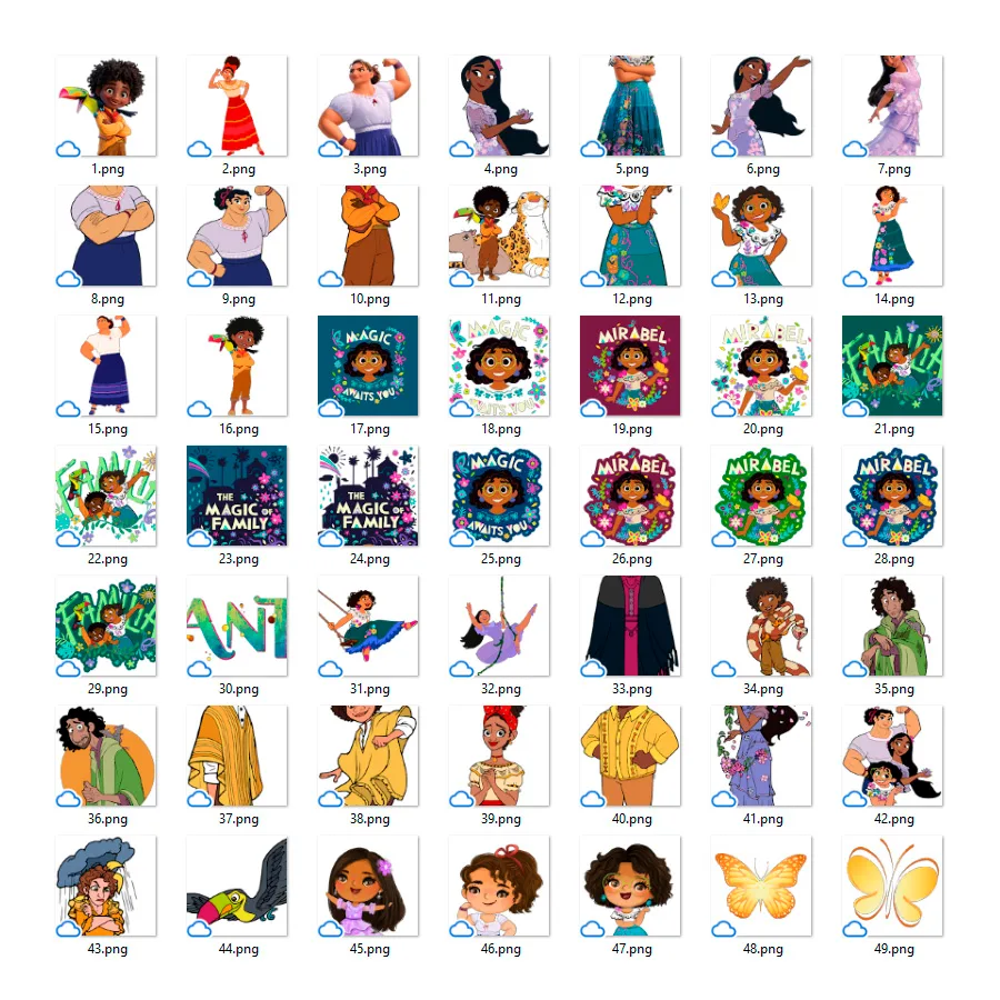 Coleção de arquivos digitais em miniatura mostrando personagens ilustrados e elementos coloridos.