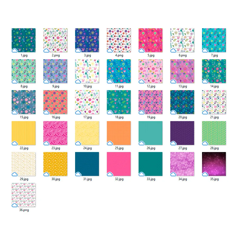 Coleção de trinta e seis arquivos de imagens digitais com padrões variados de flores e cores.