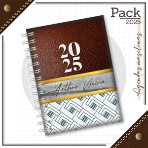 Agenda digital 2025 com capa marrom texturizada e tema masculino.