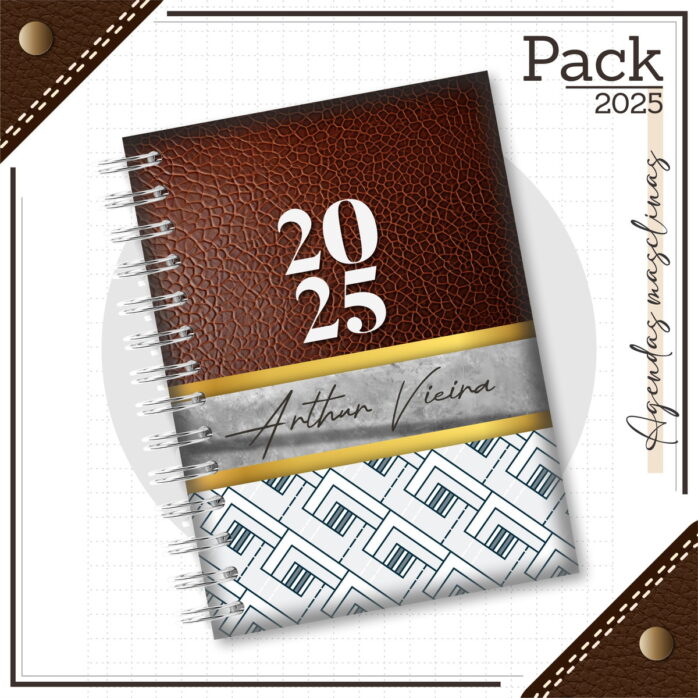 Caderno de Couro Marrom Arquivos para Encadernação 48 Agenda digital 2025 com capa marrom texturizada e tema masculino.