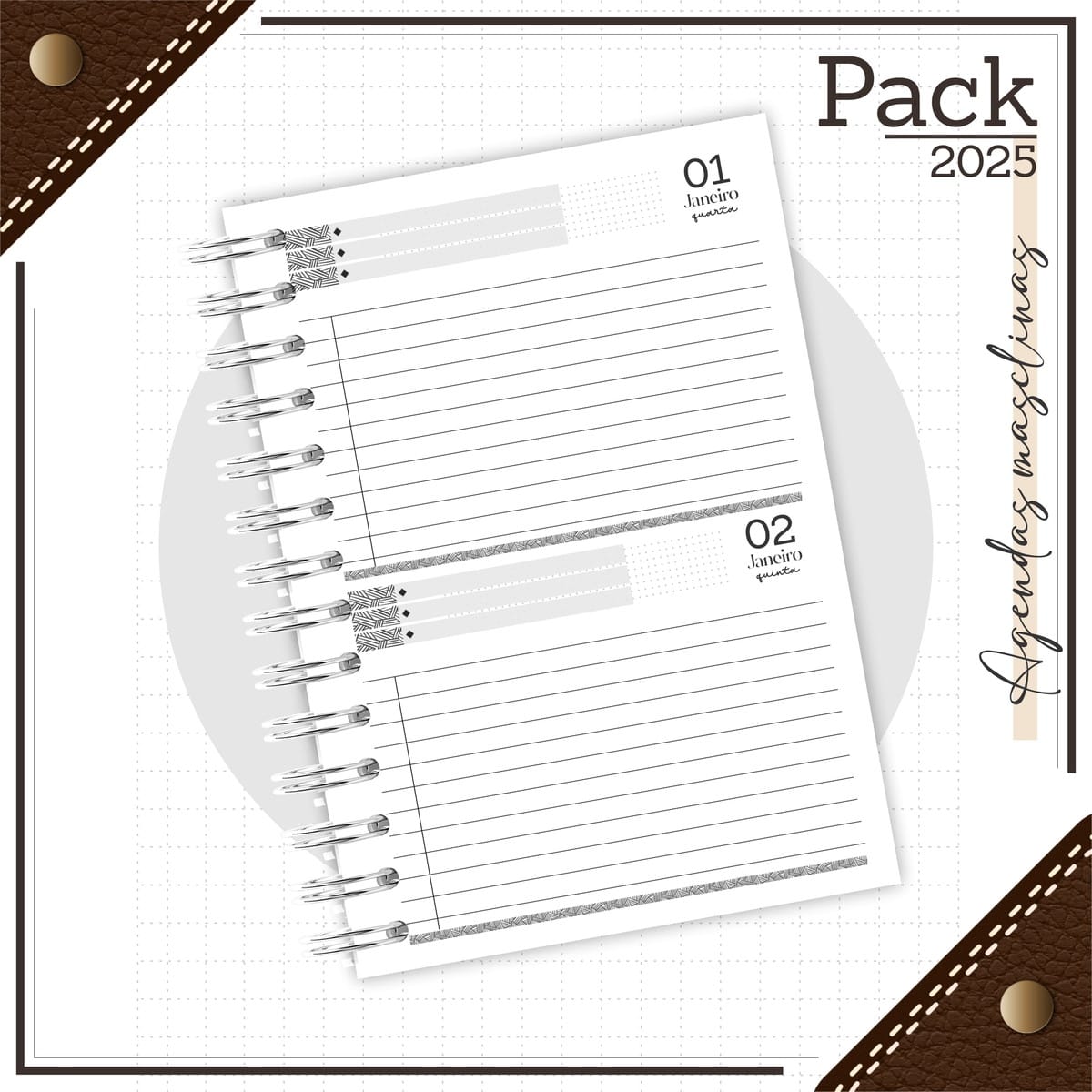 Arquivos Digitais para Caderno de Couro Preto Artesanal 2 Páginas de agenda digital em espiral com datas e linhas para anotações diárias.