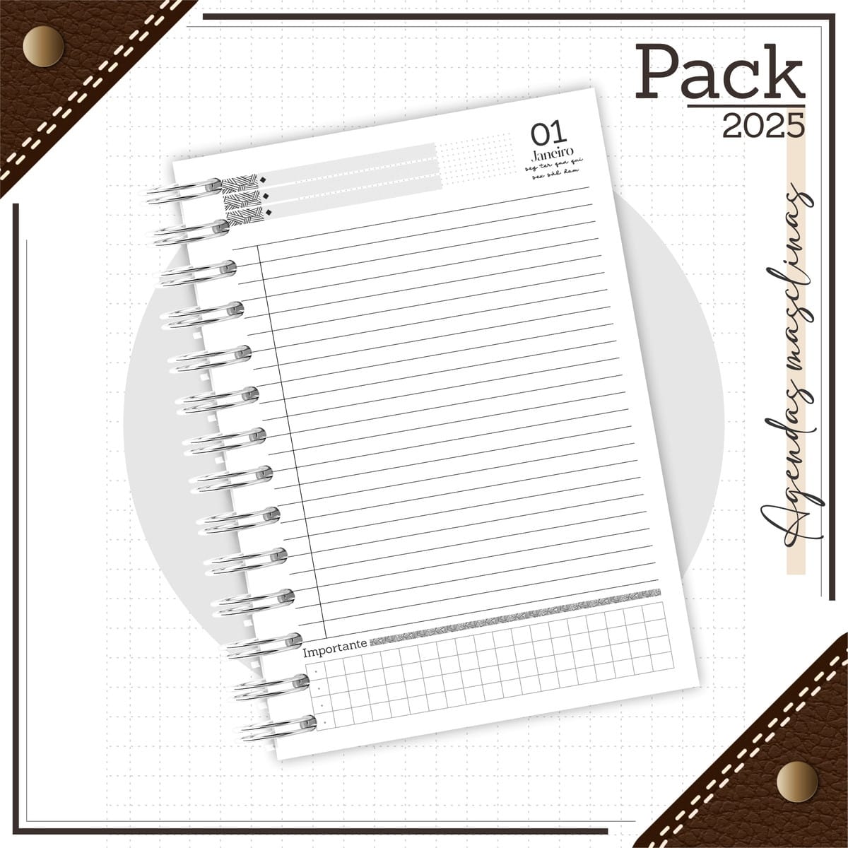 Arquivos Digitais para Caderno de Couro Preto Artesanal 3 Arte digital de página de agenda com data 01 Janeiro e linhas pautadas.