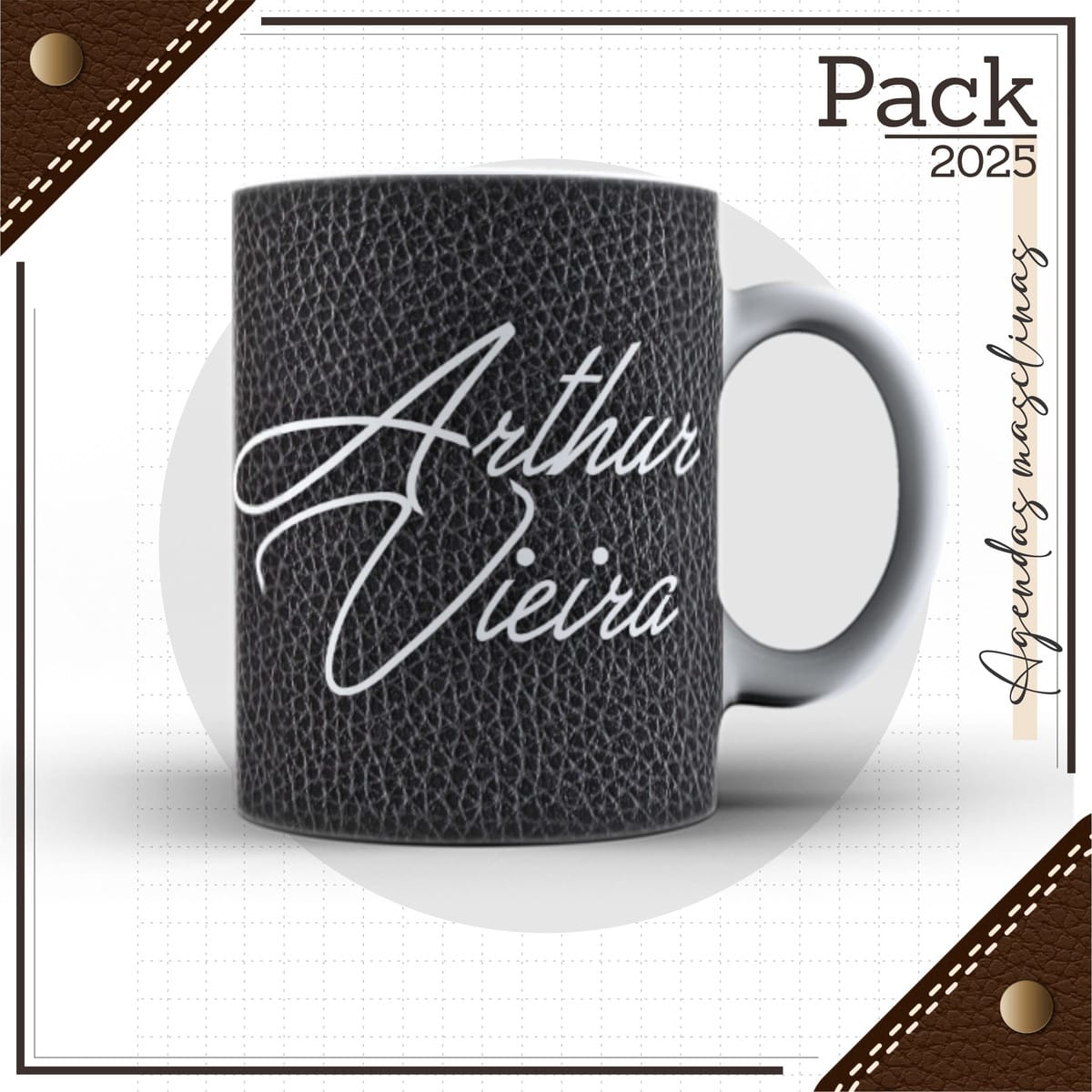 Arquivos Digitais para Caderno de Couro Preto Artesanal 4 Arte digital de caneca com textura preta e texto branco. Pack 2025, Agendas masculinas.