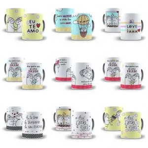Arquivos Flork Dia Dos Namorados 26 Artes Sublimação Caneca 8 Coleção de canecas brancas estampadas com desenhos ilustrativos e frases românticas variadas.