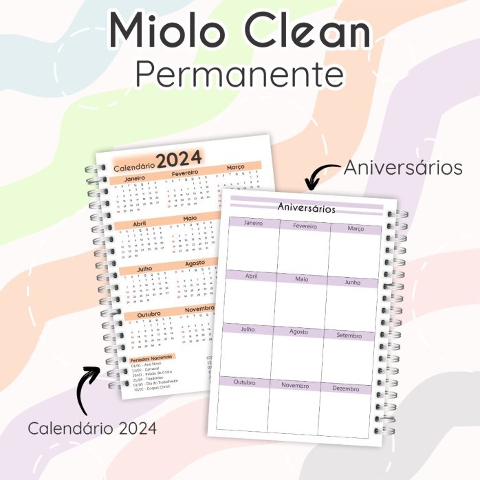 Arquivos Miolo Clean Permanente Planner Editável Pdf + Png