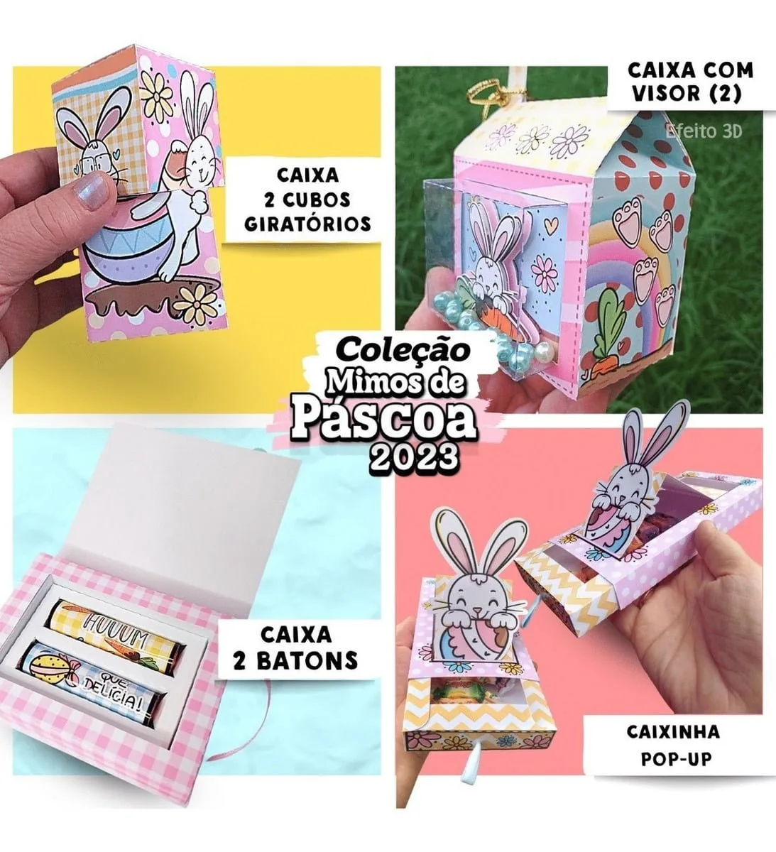 Arquivos Pásca 2023 Mimos Fofos Caixinhas P Imprimir Montar 1 Quatro imagens mostrando diferentes embalagens temáticas decoradas com coelhos de Páscoa e doces.