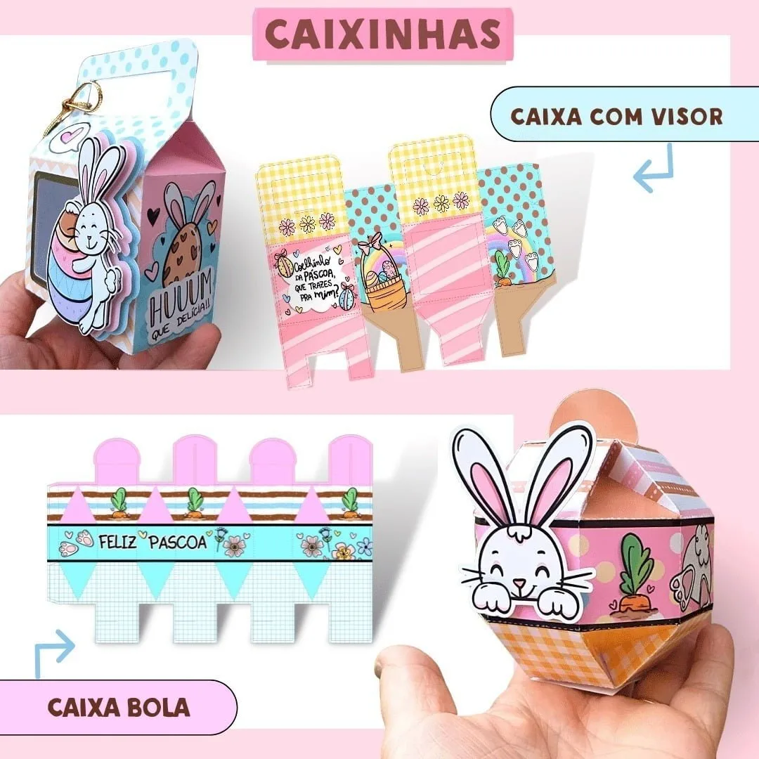 Arquivos Pásca 2023 Mimos Fofos Caixinhas P Imprimir Montar 8 Caixinhas de papel com temas de coelho e ovos de Páscoa coloridos.