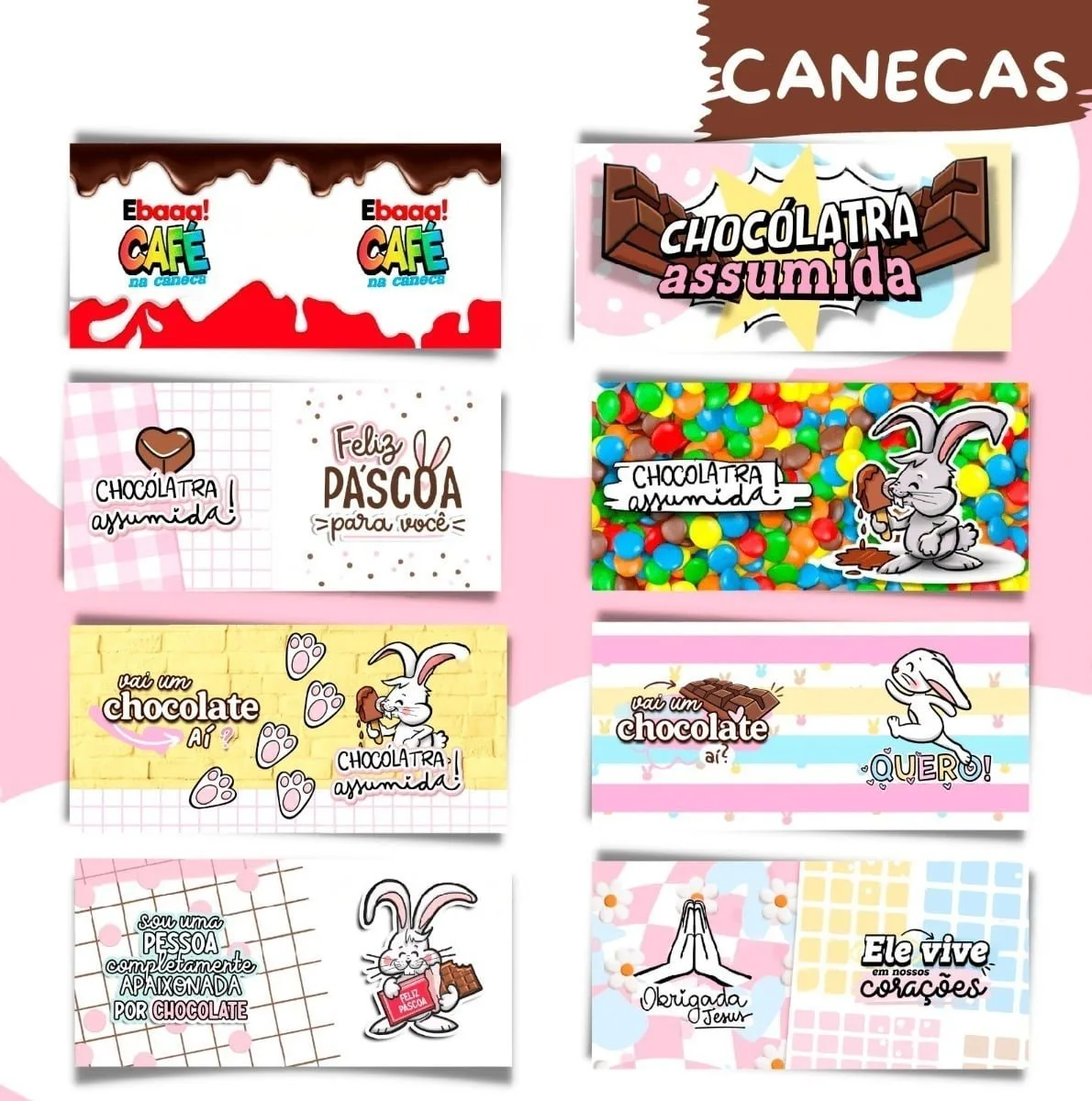 Arquivos Pásca 2023 Mimos Fofos Caixinhas P Imprimir Montar 7 Coleção de artes digitais coloridas para estampar canecas com temas de chocolate e Páscoa.