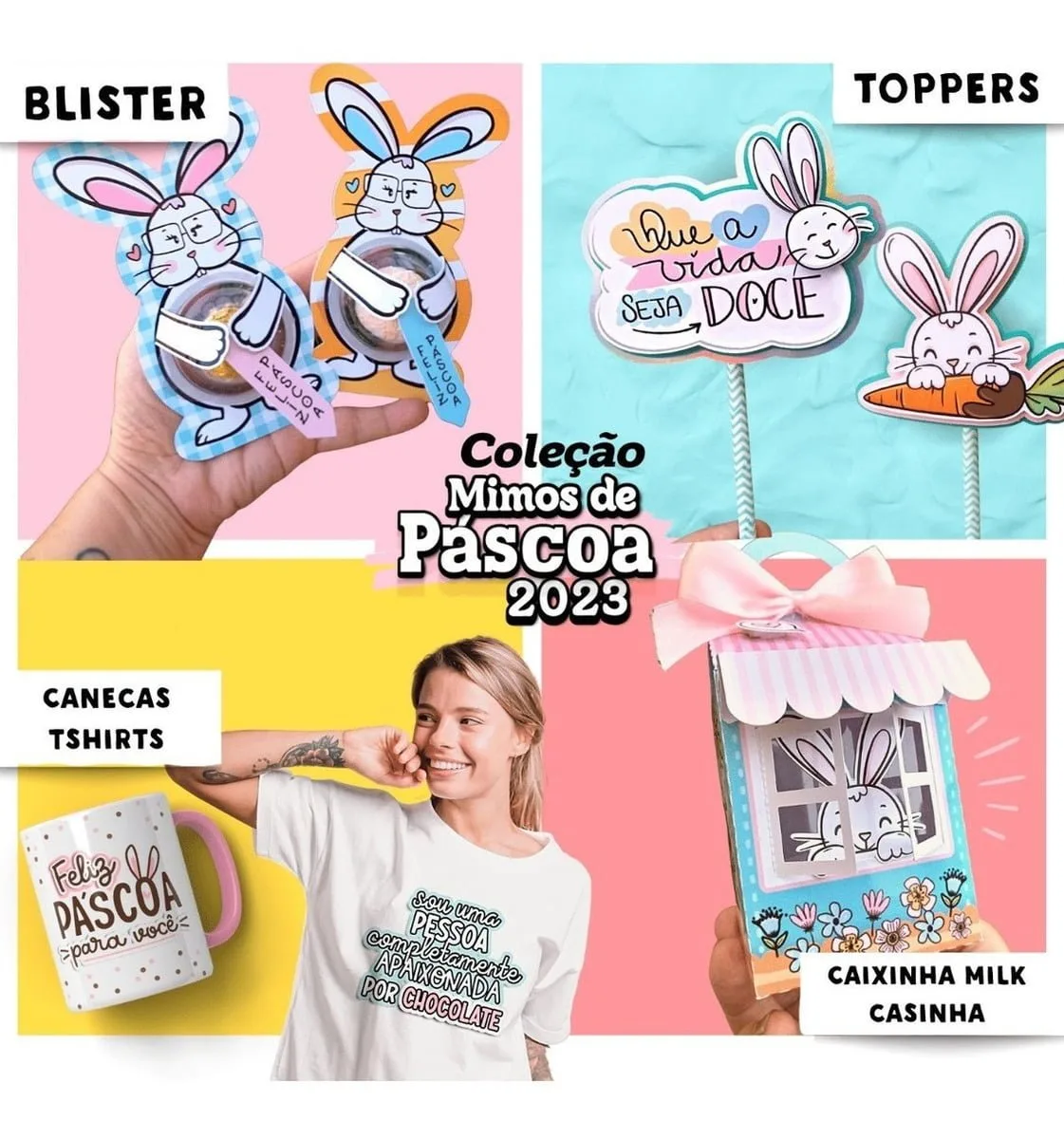 Arquivos Pásca 2023 Mimos Fofos Caixinhas P Imprimir Montar 5 Coleção de itens decorativos e personalizados com temática de coelho e Páscoa.