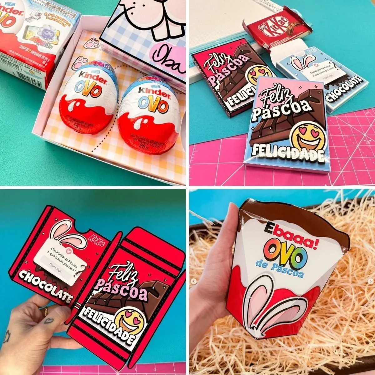 Arquivos Pásca 2023 Mimos Fofos Caixinhas P Imprimir Montar 3 Quatro imagens mostrando embalagens de doces e chocolates decorados com temas festivos variados.