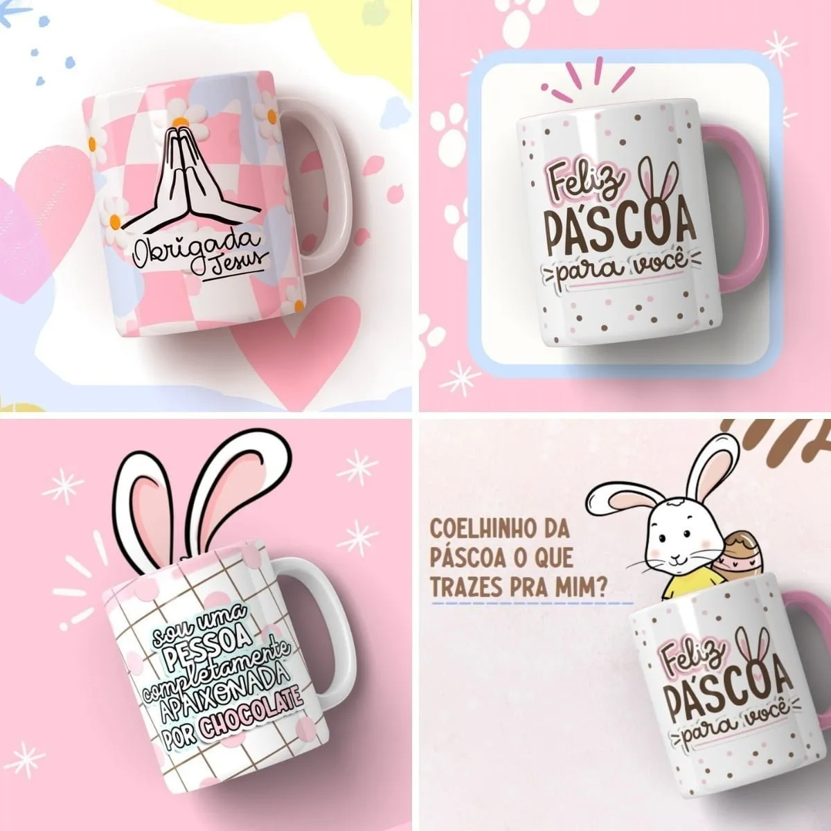 Arquivos Pásca 2023 Mimos Fofos Caixinhas P Imprimir Montar 4 Quatro imagens de canecas estampadas com temas religiosos e de Páscoa.