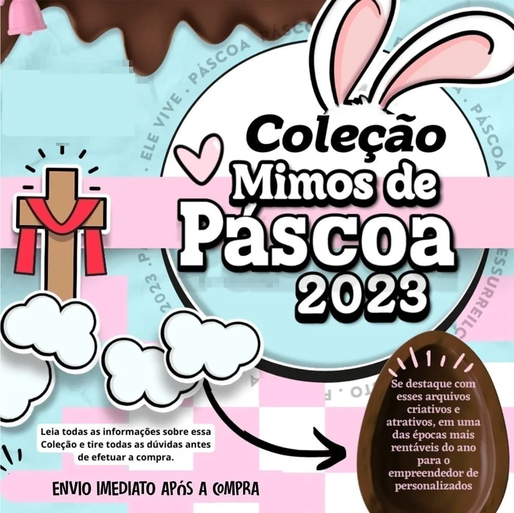 Arquivos Pásca 2023 Mimos Fofos Caixinhas P Imprimir Montar 2 Arte digital com temática de Páscoa contendo orelhas de coelho e texto.